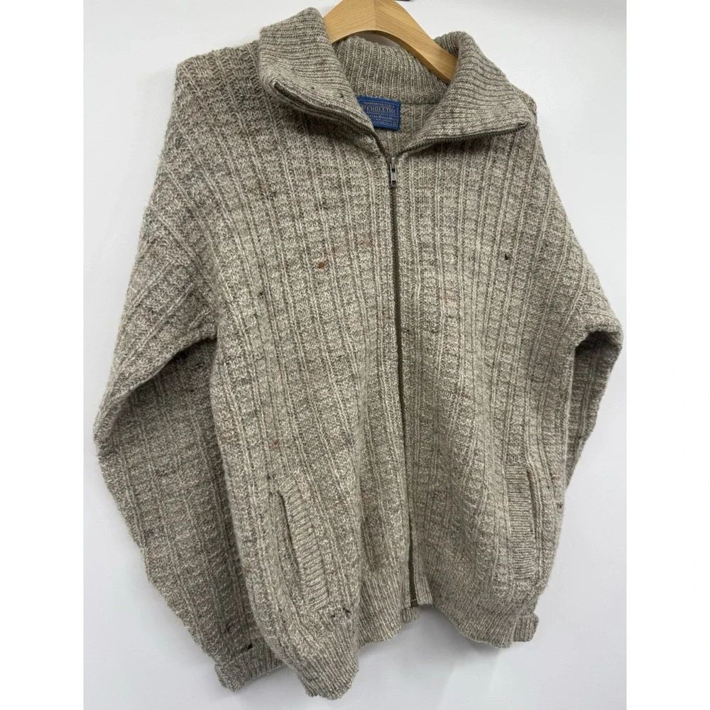 Vintage Pendleton Wool Oatmeal Cardigan Full Zip Collared Sweater Mens M Pockets